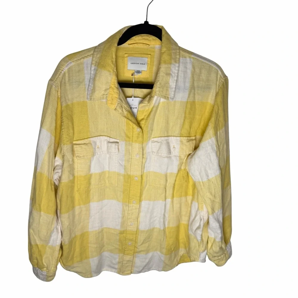 AEO Ah-mazingly Soft Button Down Yellow Plaid Flannel Shirt Medium NWT - Picture 3 of 8